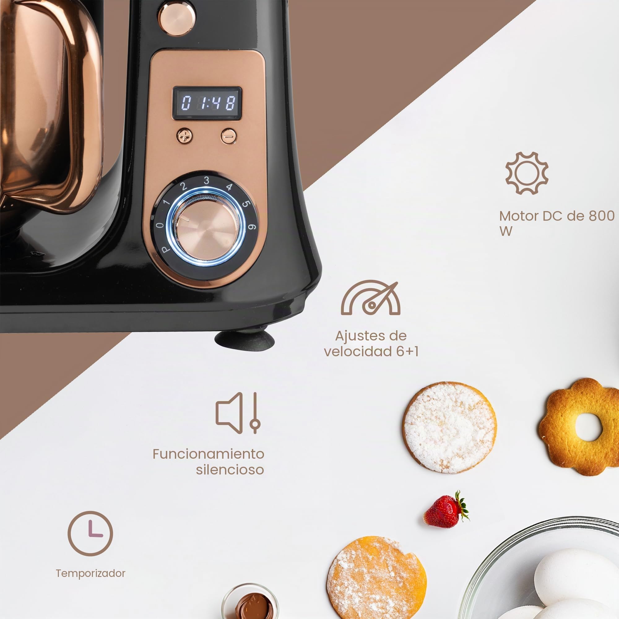 Bestron - Robot pastelero (65 dB), robot de cocina 4 en 1, cuenco de 6 litros, incluido gancho amasador, batidor y batidor plano, 6 velocidades + función Pulse, Cobre