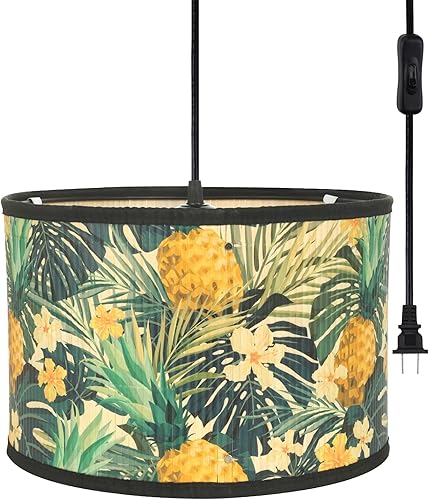 Eoiips Lámpara colgante de bambú enchufable, lámpara colgante de 14.76 pies con cable de enchufe, interruptor de encendidoapagado, pantalla de luz