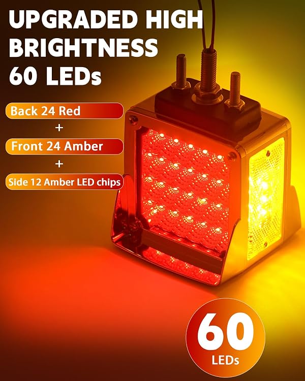 ASNOO 2PCS Amber/Red Square Double Face 60 LED Turn Signal Lights w/Chrome Visor Stud Mount Waterproof Pedestal Fender Lights for Heavy Truck Trailer Freightliner Peterbilt Kenworth Mack Western Star by ASNOO - Image 2