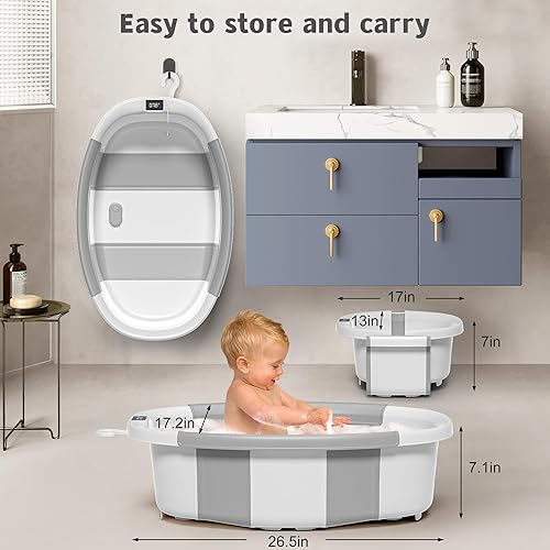 Miniatura 3 de Bañera plegable para recién nacidos a niños pequeños de 0 a 36 meses, espaciosa bañera plegable para bebés con termómetro, cojín y orificio de