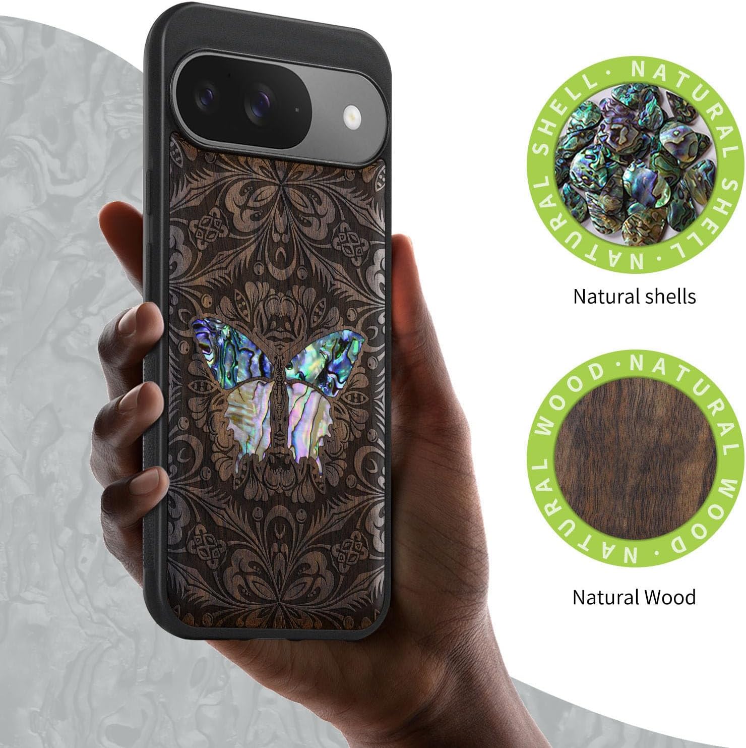 Carveit Magnetic Wooden Case for Google Pixel 9 Case, Wood Artisan Engraved & Handmade Shell Inlaid, Compatible with MagSafe Wireless Chargers, Baroque Butterfly - Walnut