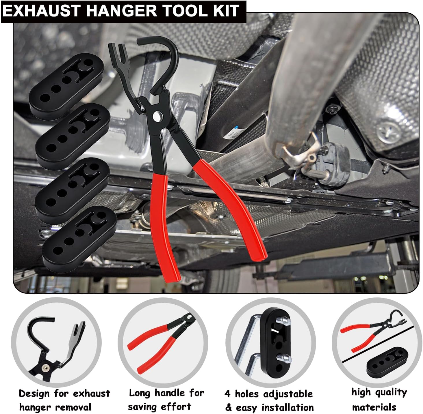 Universal Exhaust Hanger Removal Tool and 4 Holes Exhaust Hanger Rubber Kit, Universal Exhaust hanger Pliers For Muffler Hanger Removal (5pcs)