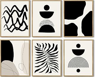Drsoum Abstract Boho Wall Art Minimalist Geometric Framed Boho Room Decor Black Line Art Mid Century Modern Prints Bohemian Living Room Bedroom Ready to Hang 8x10inx6pcs (Natural Framed)