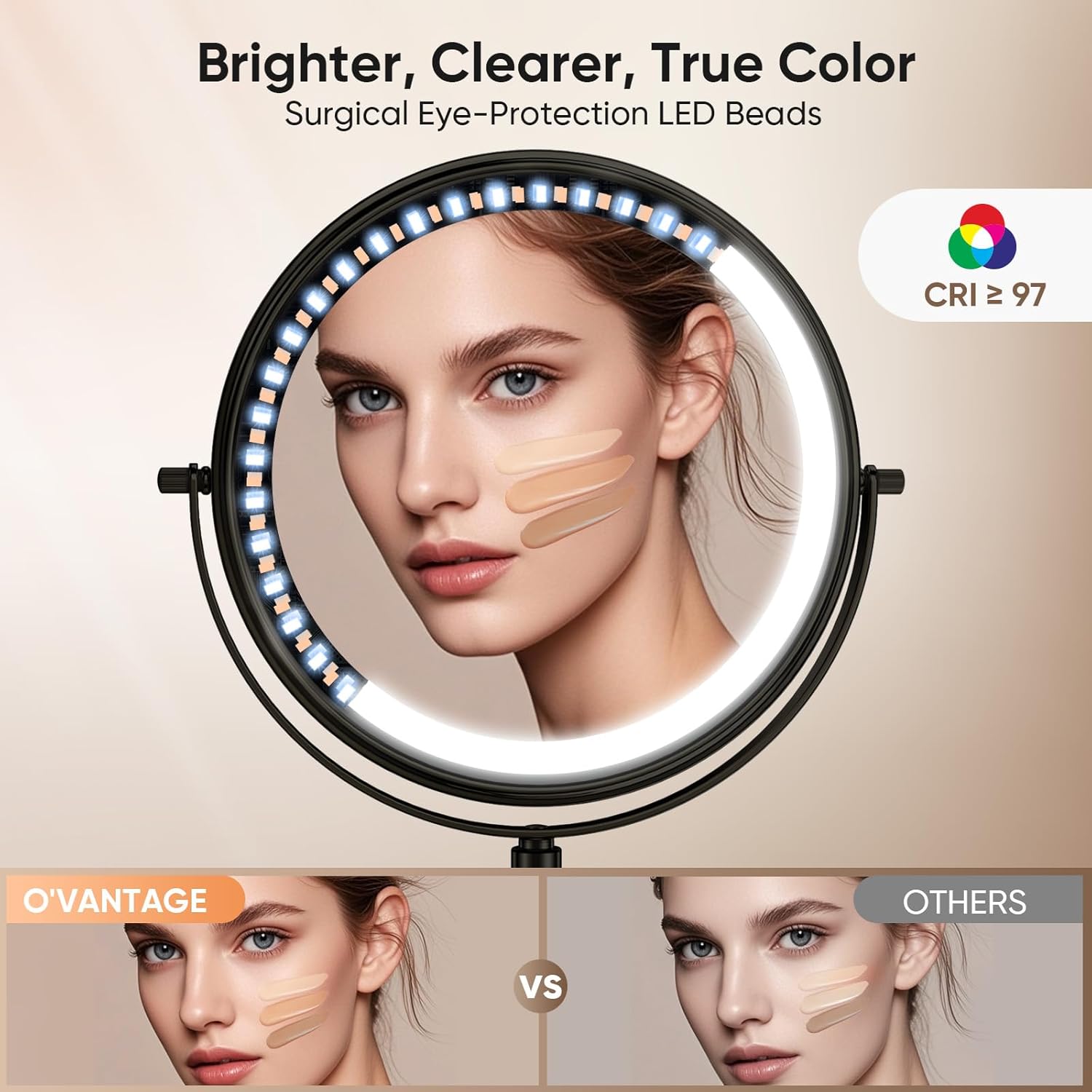 Professional 9" Lighted Makeup Mirror with 1X/10X Magnification- Rechargeable Double-Sided Vanity Mirror with Light, 88 High-CRI 97 LEDs, 3-Color & Dimmable Brightness, Height Adjustable, 360° Swivel