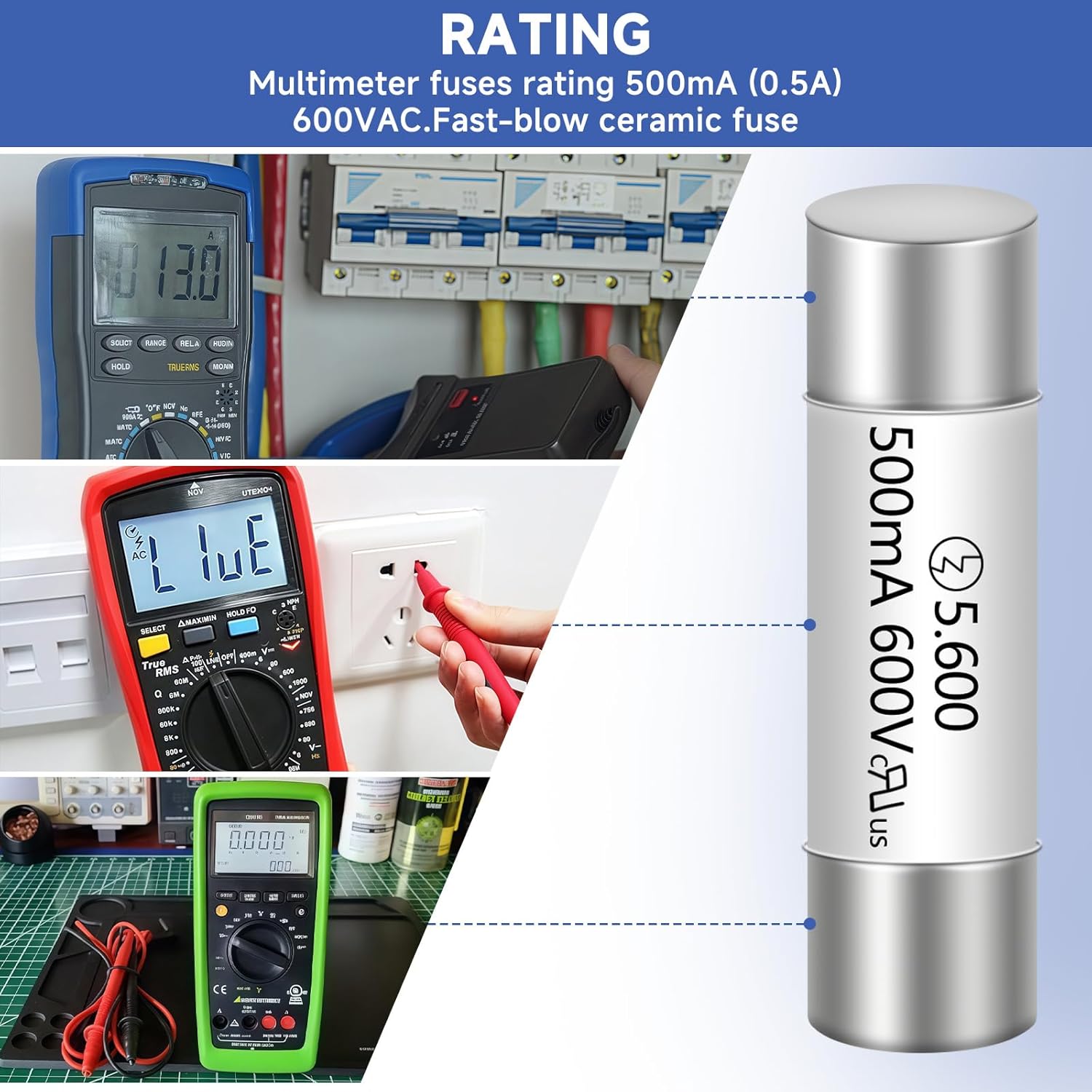 (5 pcs) HV510 500mA 600V AC Multimeter Ceramic Fuse 5x20mm, Digital Multimeter Fuse 0.5A/500ma 600vac Replacement, Fast-Acting