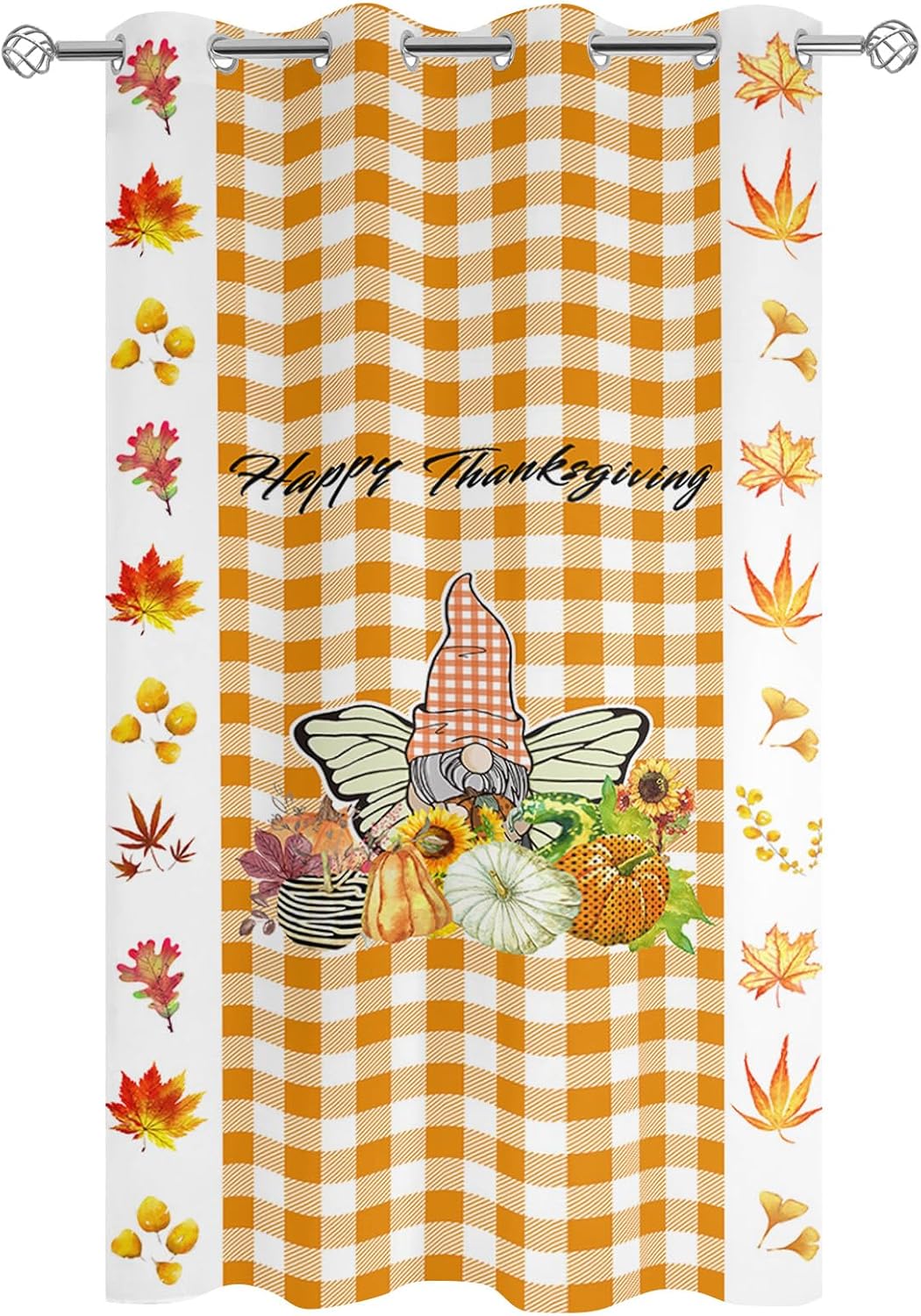 Outdoor Curtains for Patio 1 Panel Thanksgiving Fall Pumpkin Gnome Sunflowers Orange Buffalo Plaid Waterproof Privacy Outside Curtain Sun Blocking Grommet Drapes for Porch Gazebo Pergolas 52"x95"