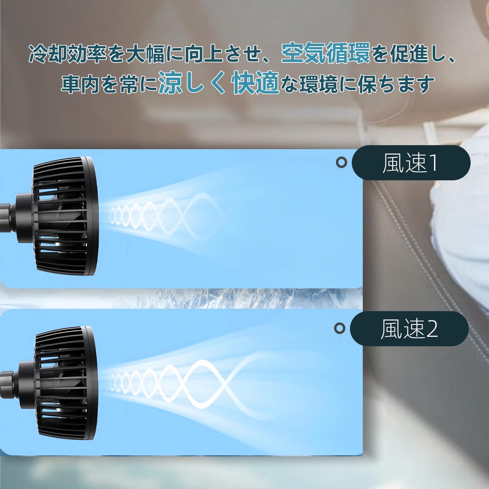 [DURASIKO 2026年新型モデル] 車用扇風機 吸盤式車載ファンUSB/ファン シガーソケット扇風機 強風量 2段階風量調節 角度調節可能 約1m延長コード 低騒音 取付簡単 省エネ 空気循環 蒸れ解消 夏対策 車中泊対策 汎用タイプ