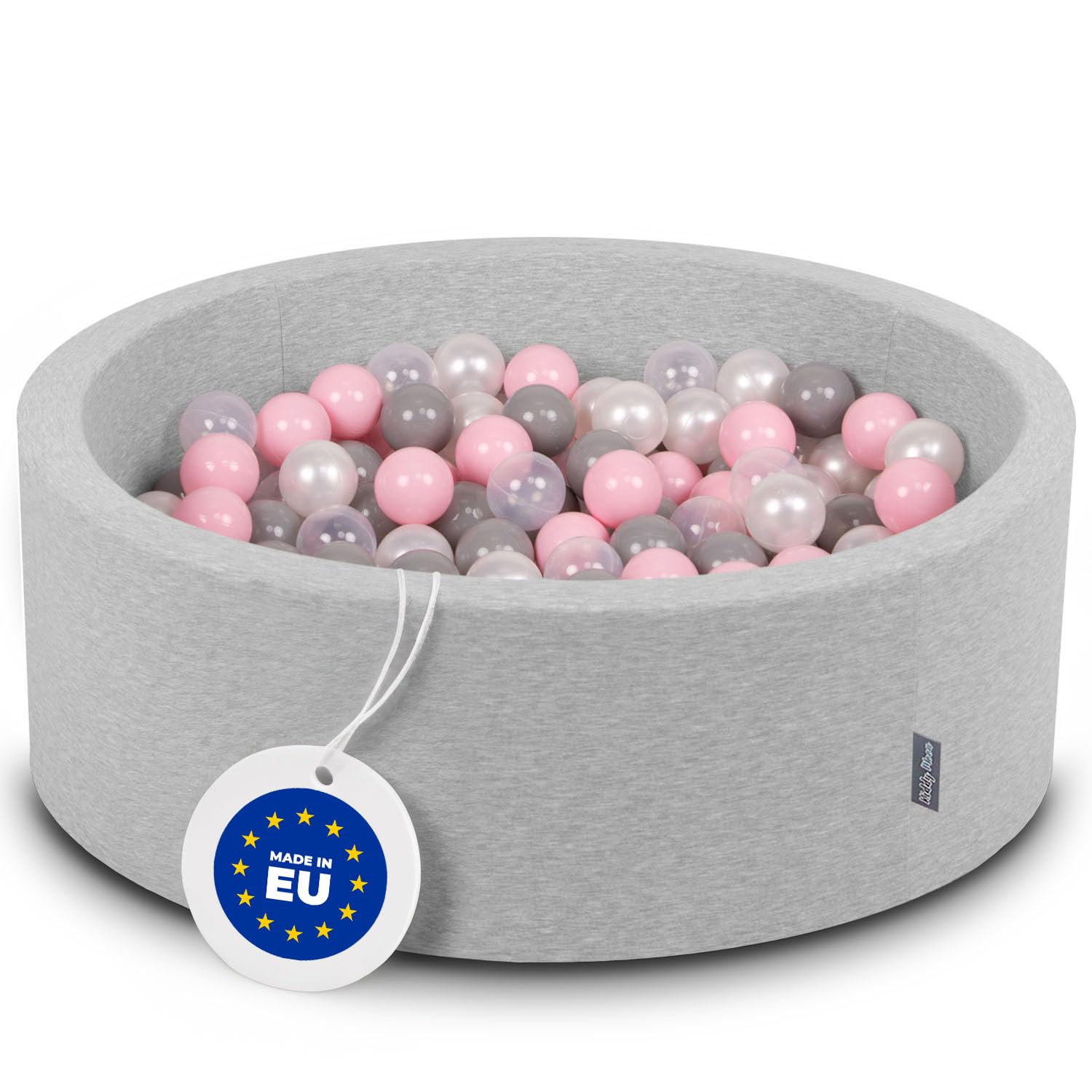 KiddyMoon 90X30cm/300 Balls ∅ 7Cm / 2.75In Baby Foam Ball Pit Made In EU, Light Grey:Pearl/Grey/Transparent/Light Pink — image 1