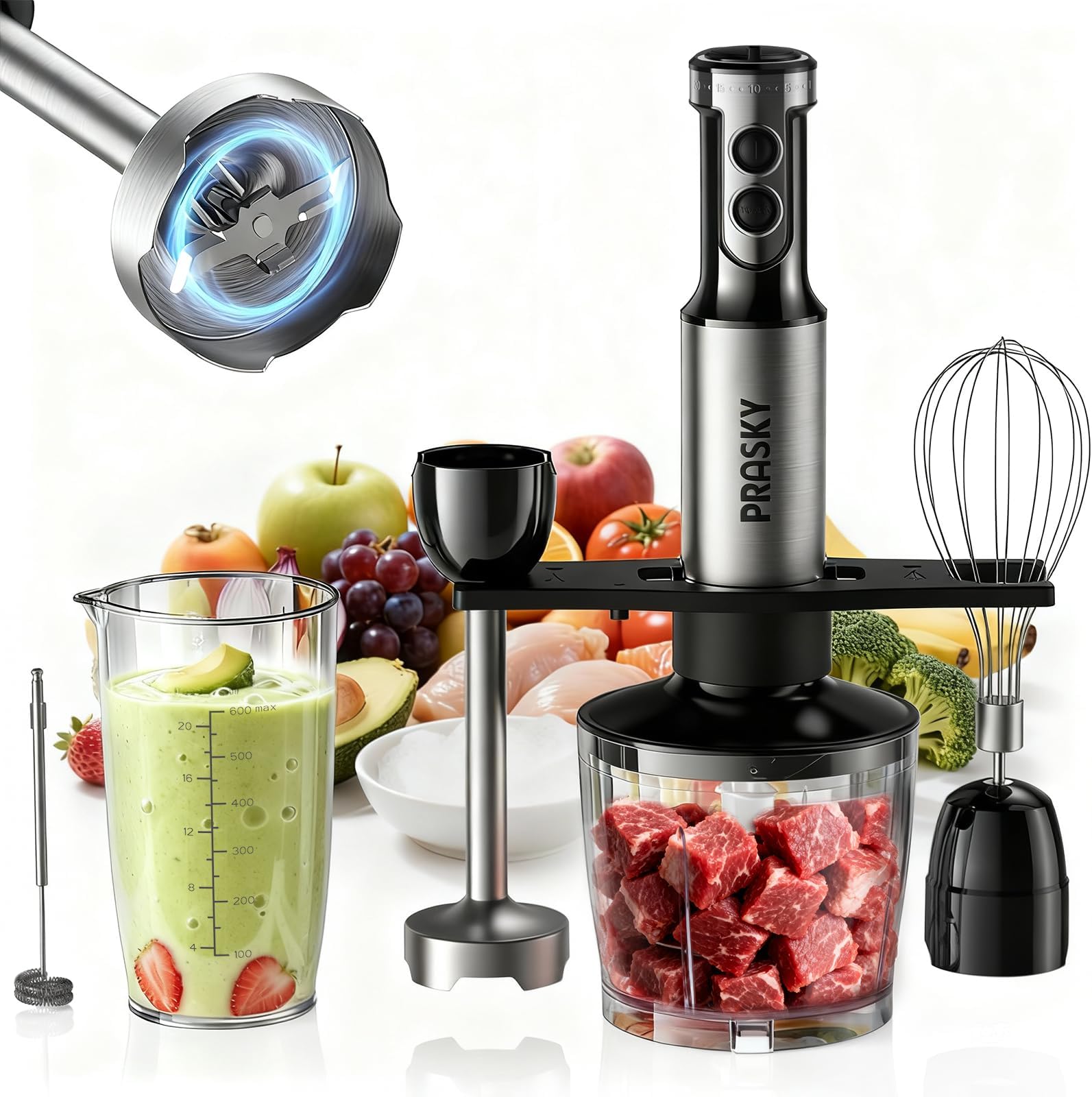 Immersion Blender Handheld Hand Blenders, 20 Speed & Turbo Mode Hand Held Blender, Heaviest Duty Copper Motor, Stainless Steel Blades, Milk Frother Wand, Whisk, 600ml Beaker, 500ml Chopper (Black)