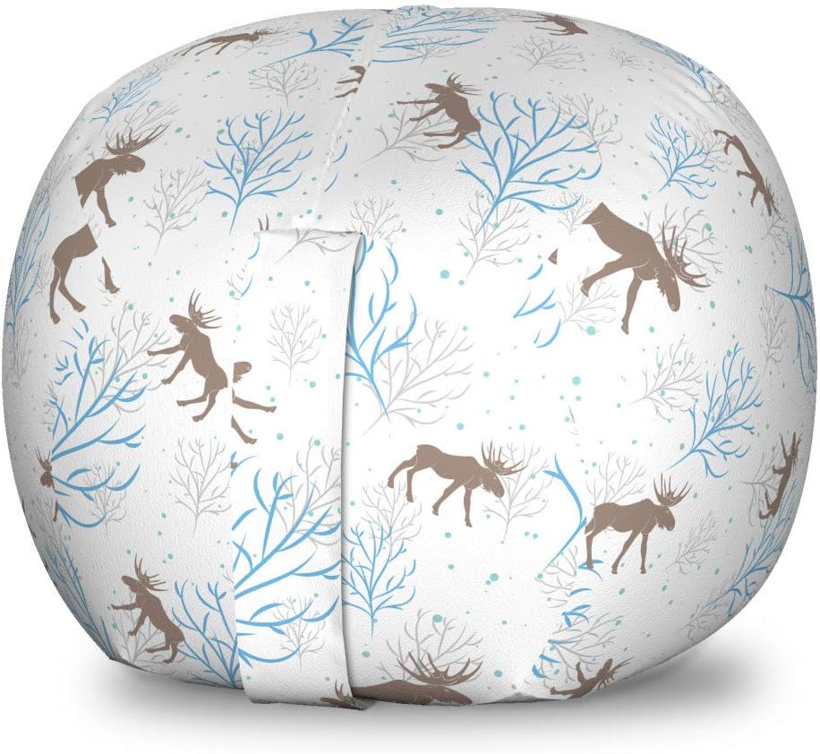 Ambesonne Moose Storage Toy Bag Chair, Winter Forest Retro Style Illustration Reindeer and Trees Snowy Xmas Nature, Stuffed Animal Organizer Washable Bag, Small Size, Brown Blue