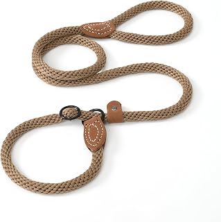 Mile High Life Heavy Duty Slip Lead No Pull Leash w Leather-Reinforced Ends | Durable Braided Cotton Rope, No-Pull Training, 200lbs Pull Capacity, Crate Transfer & Potty Breaks (Brown, 5 Feet)