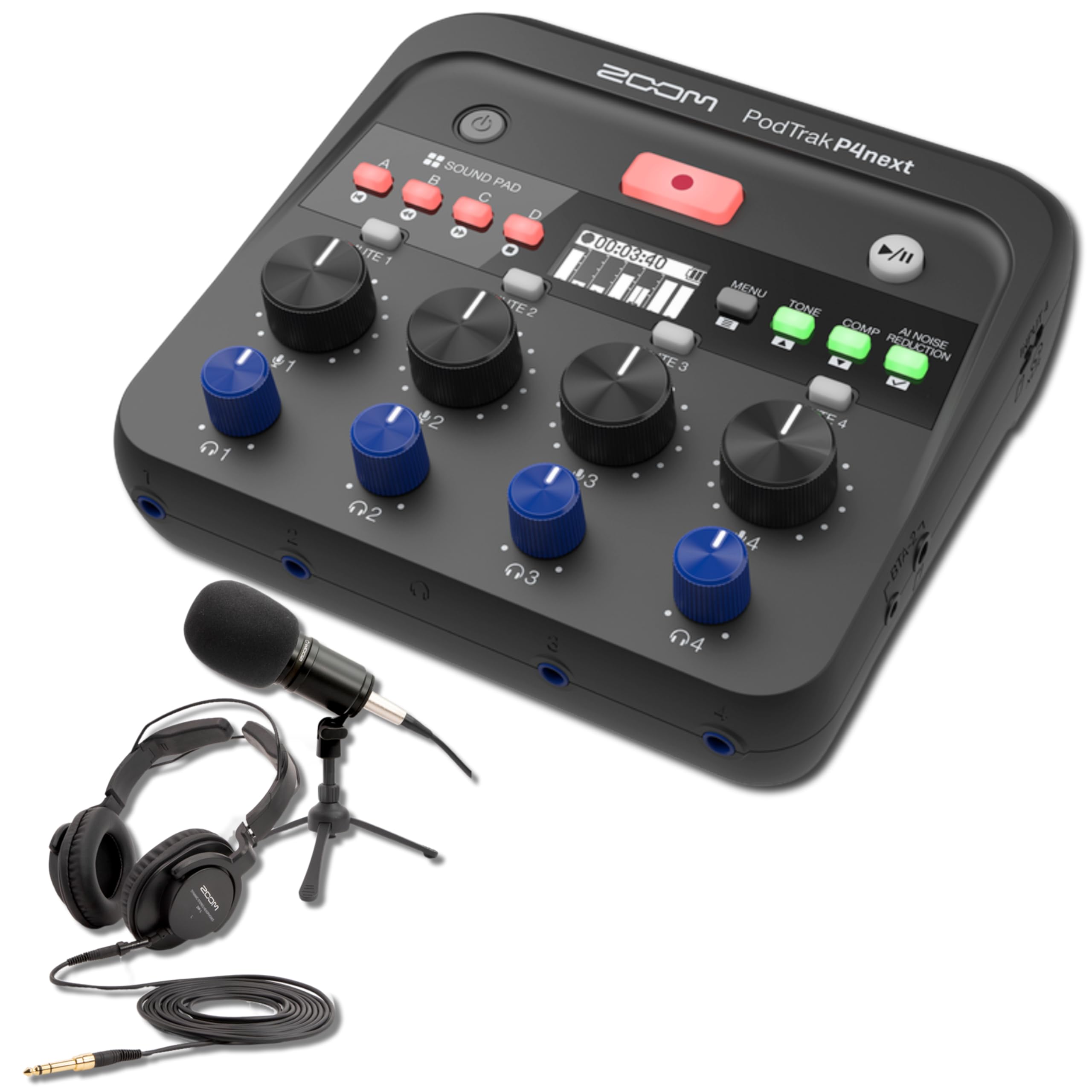 Zoom PodTrak P4 Next Podcast Recorder Bundle with ZDM-1 Podcast Mic Pack — Dynamic Microphone, Headphones, XLR Cable, Stand, Podcast Equipment Kit for Solo Recording, Streaming