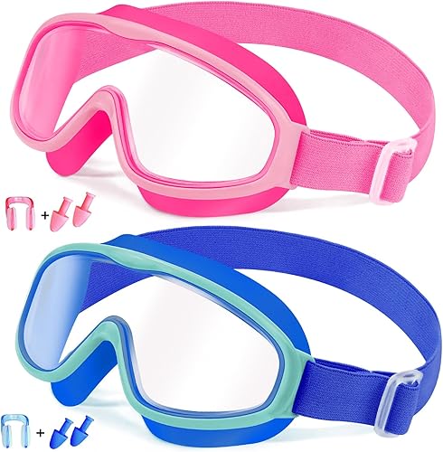 Miniatura 13 de Vvinca Gafas de natación para niños con correa de tela cómoda, visión amplia, antivaho, UV, sin fugas, para 3-14 años 03-azul y rosa,01-verde y