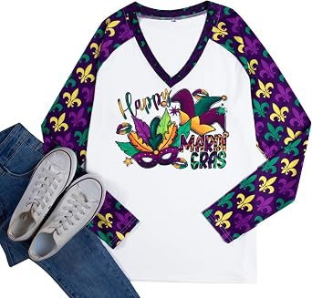 Mardi Gras Shirts for Women: Tuesday Shirt Funny Mask Graphic Tee Carnival Long Sleeve Shirt New Orleans Party V Neck Top