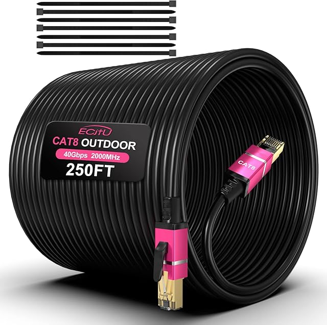 250FT Cat8 Outdoor Ethernet Cable, In-Ground, 26AWG Pure Copper Cat 8, Heavy Duty Direct Burial, LLDPE UV Jacket, Waterproof, 40Gbps 2000Mhz SFTP Patch Cord, POE, Network, Internet, with 25 Cable Ties