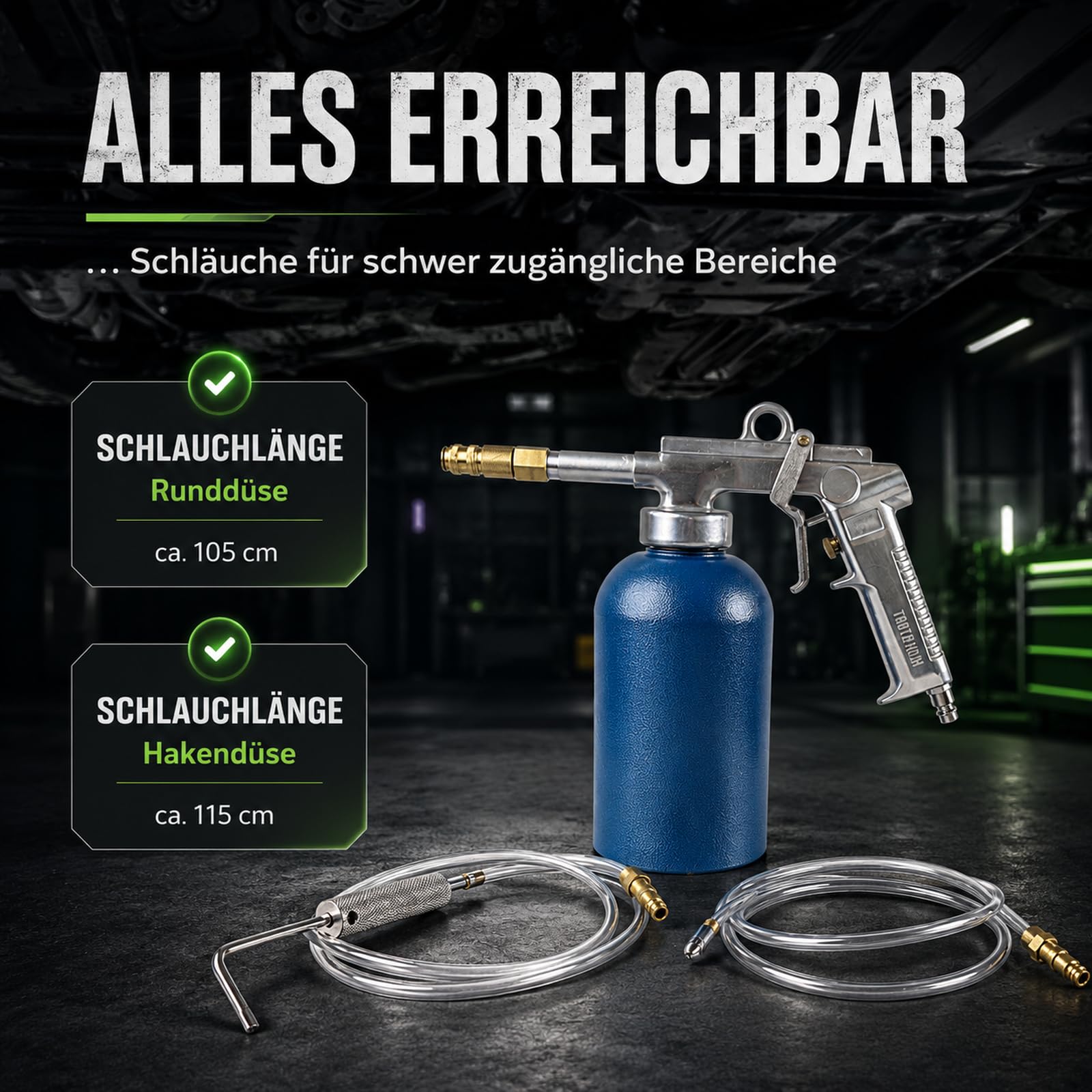 TRUTZHOLM Druckbecherpistole mit 1100 ml Tank aus robustem Stahl 4-6 bar 1/4" Lufteinlass Hohlraumpistole zur Hohlraumversiegelung Unterbodenschutz inkl. Schläuche Hakendüse Runddüse
