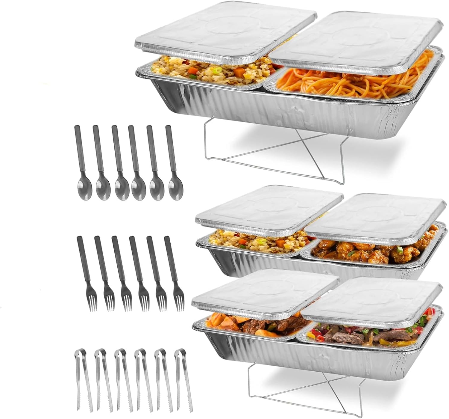42-piece complete disposable pan set，includes 6 half-size baking pans with lids, 6 full-size baking pans, racks, and utensils - made of aluminum foil, easy to clean - perfect for weddings and partie
