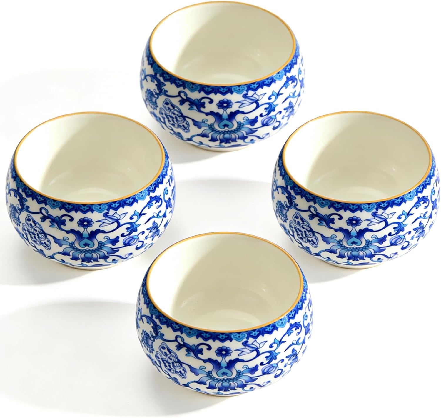 4 Pcs Blue and White Porcelain Tea Cups, Chinese Small Teacups, 3 oz | Gilded Edge, Hand-painted Floral, Dishwasher Safe, for Home & Office Kungfu Tea Ceremony, Gift for Tea Lovers