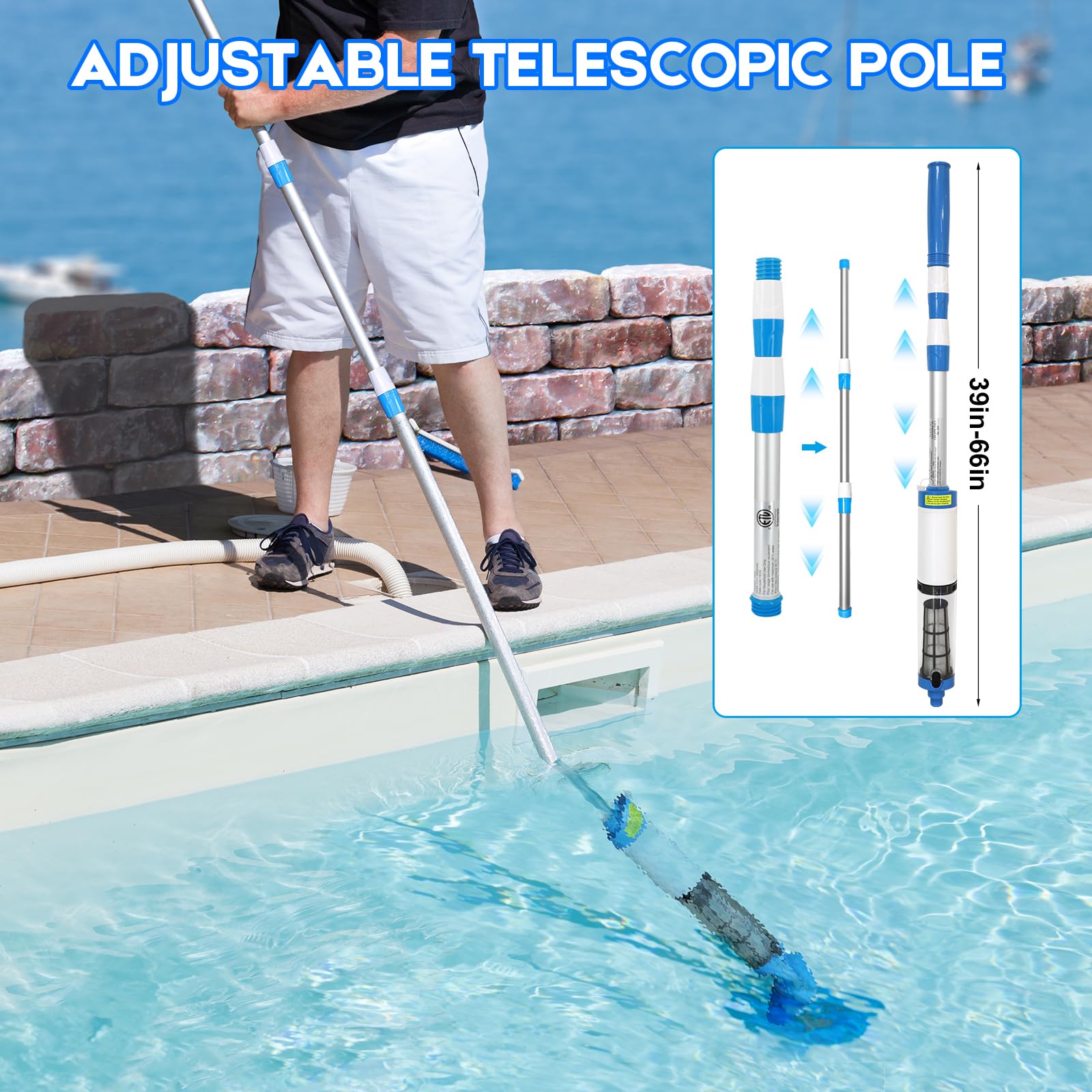 Aspirateur de piscine portatif sans fil avec manche télescopique, aspirateur de piscine rechargeable 3 en 1, nettoyeur de piscine portable pour jacuzzi, piscine hors sol et creusée