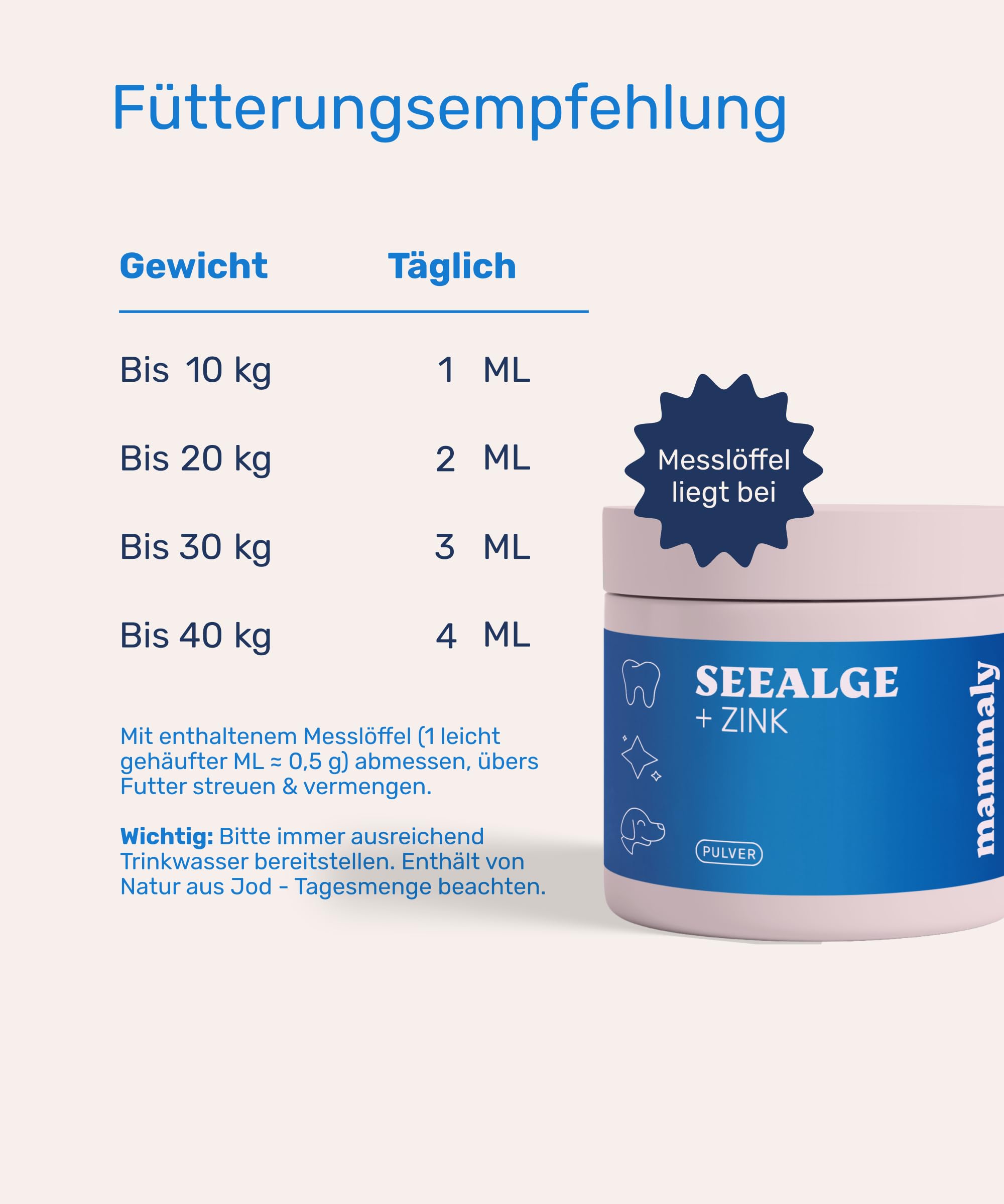 mammaly Zahnsteinentferner für Hunde - 98% Seealgenmehl mit Zink - Pulver gegen Mundgeruch - Natürliche Zahnpflege & Maulhygiene - Mit Ascophyllum nodosum - Barf Mineralien Ergänzung - 150g