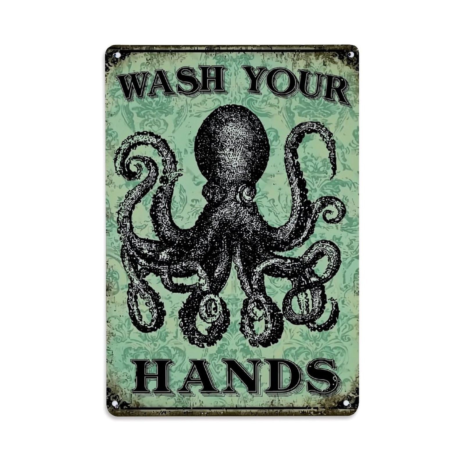 Octopus Pattern Vintage Green Background Retro Metal Tin Sign, Vintage Decor Art Poster for Bar, Home, Man Cave, Kitchen, Laundry Room Gift 8x12Inch