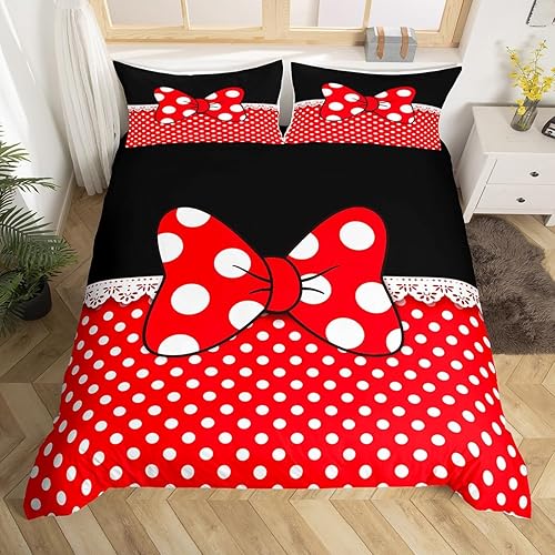 Miniatura 7 de Juego de funda de edredón con lazo, tamaño Queen, juego de ropa de cama de puntos blancos de 3 piezas para niños, adolescentes, niñas, niños,