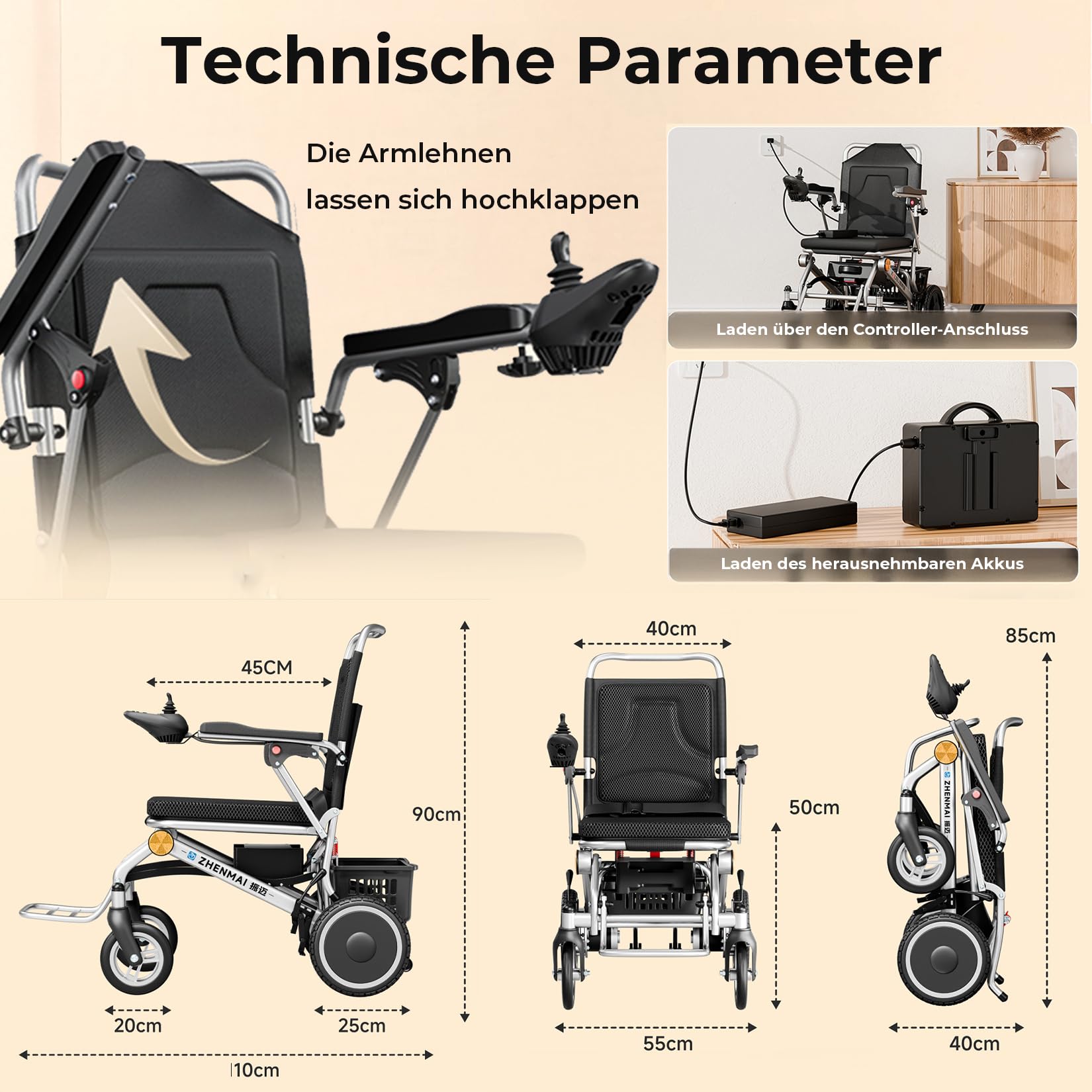 Elektrorollstuhl Faltbar Ultraleicht 13,8 kg – 500W Elektrischer Rollstuhl für Senioren Reise, mit Fernbedienung EABS-Bremse, bis 150 kg, 25 km (15Ah) / 35 km (20Ah) Reichweite (20Ah)