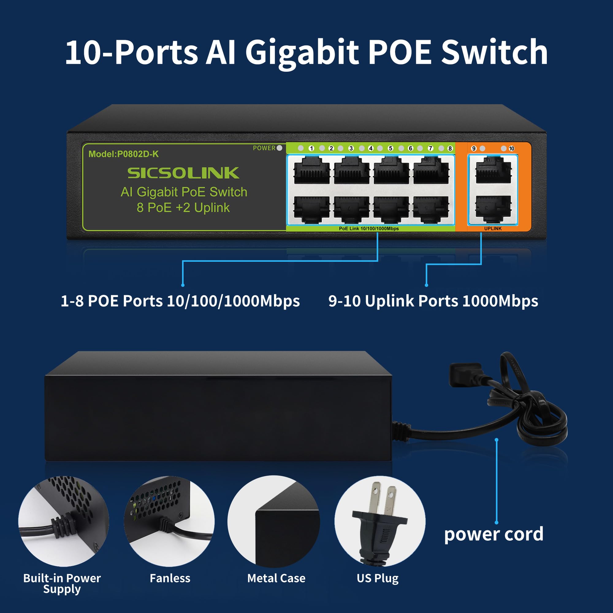 Switch PoE+ Gigabit a 10 porte, 8 PoE+, 2 Uplink, 120 W non