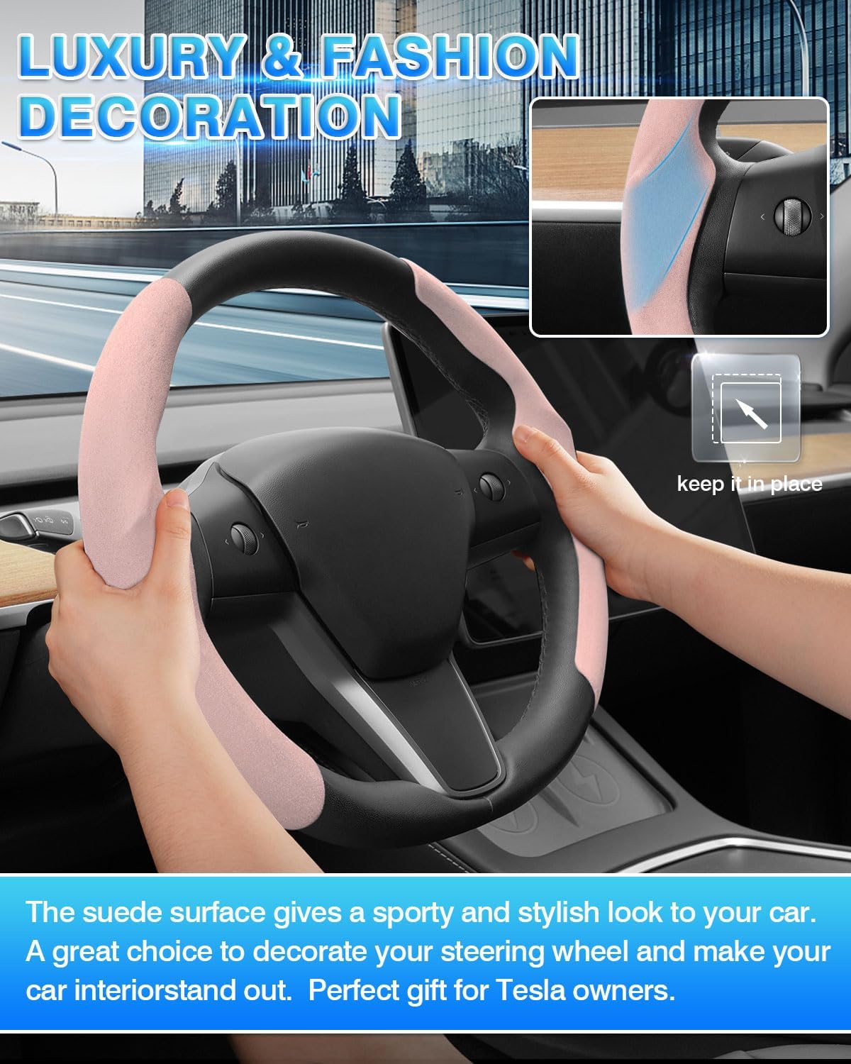 Shademax Custom-Fit for Tesla Steering Wheel Cover, Tesla Model Y / 3 2017-2025 2026 (Fit Model Y Juniper 2026/ Model 3 Highland) Suede Steering Wheel Cover for Tesla Model Y / 3 Accessories (Pink)