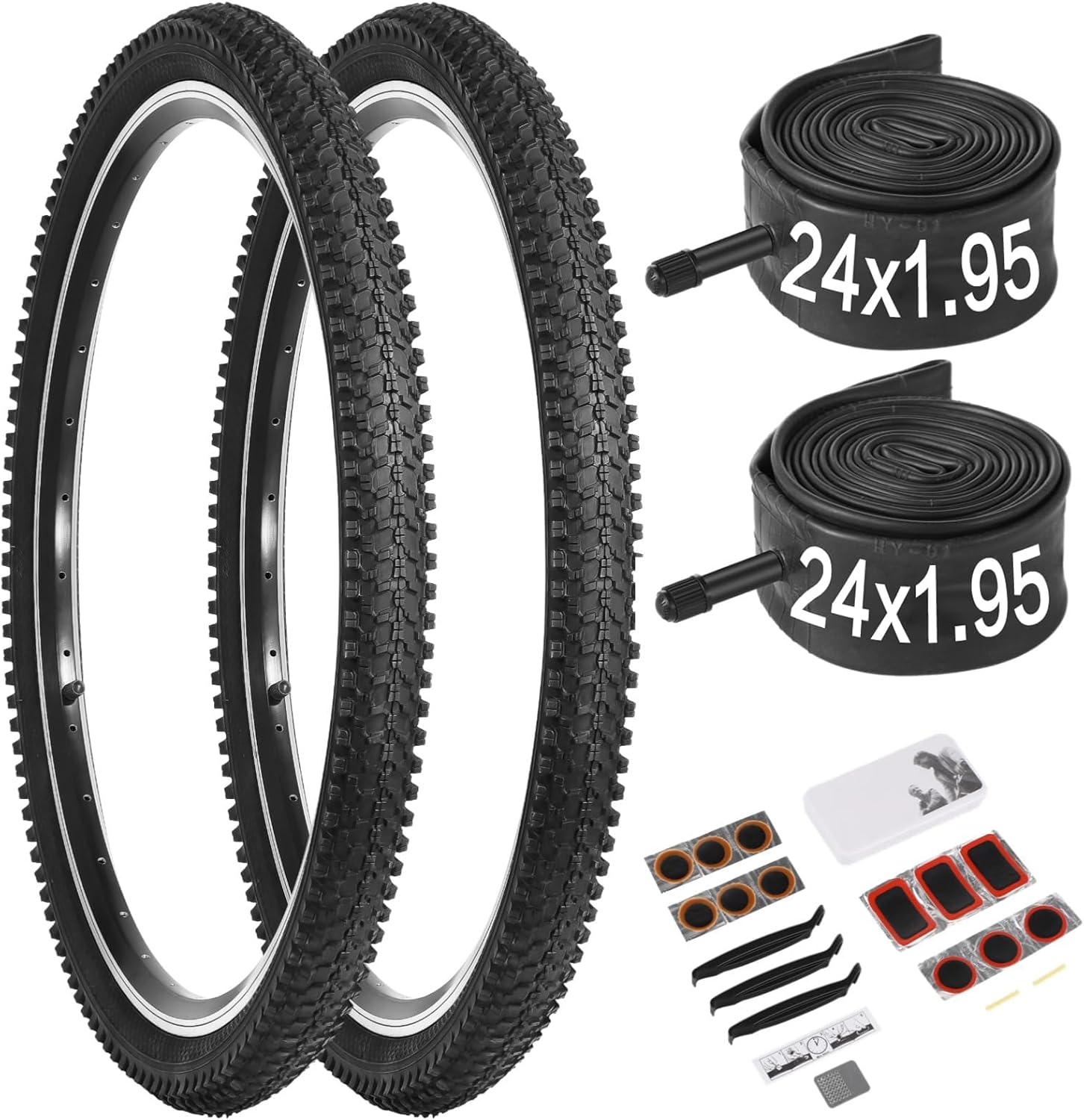 24/26x1.95” Bike Tire, 2 Pack 24/26x1.95 Folding Bicycle Tire and Tube, 24/26 Inch Mountain Bike Tires,Replaceable 26/24 Inch Bike Tires with Repair Tools for MTB,BMX