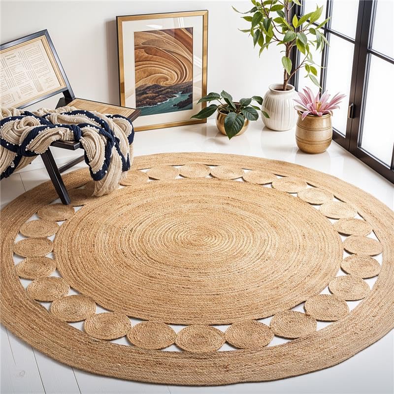 GRUHUM Round Jute Area Rug 8ft Natural Fiber Handmade Boho Charm Farmhouse Soft Bohemian Braided Reversible Rustic Vintage Rugs for Indoor Kitchen Bedroom Living Room Hallways Enterways (8'ft Circle)