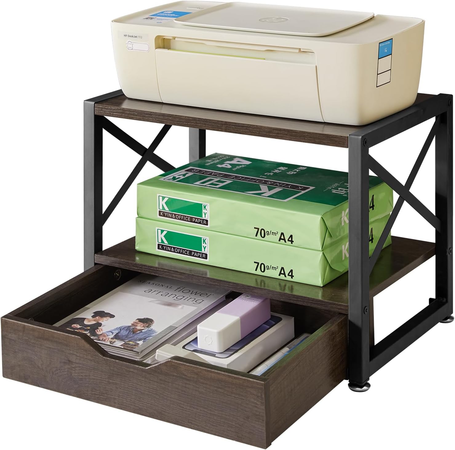 IBUYKE 2 Tier Desktop Printer Stand,Multi-Purpose Desk Organizer,Wooden Printer Stand with Drawer Storage for Folders,Books,for Fax Machine, Scanner,Home Office,Grey TLJ006G