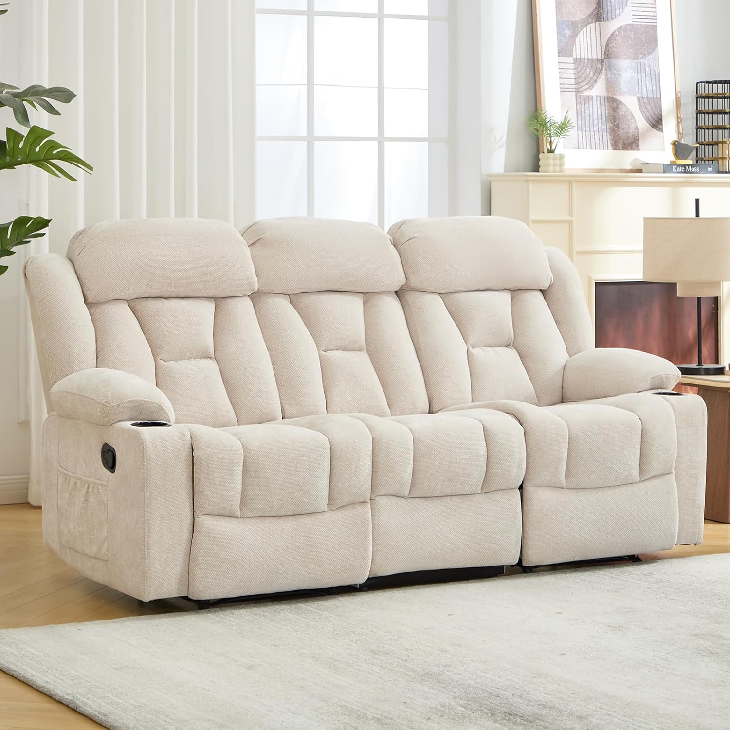 ANJ Manual Recliner Sofa,Chenille Fabric Reclining 3-Seat Living Room Furniture Sets with Cup Holders,Side Pocket,Wall-Hugger Design for Living Room Home Theater Bedroom RV,Beige