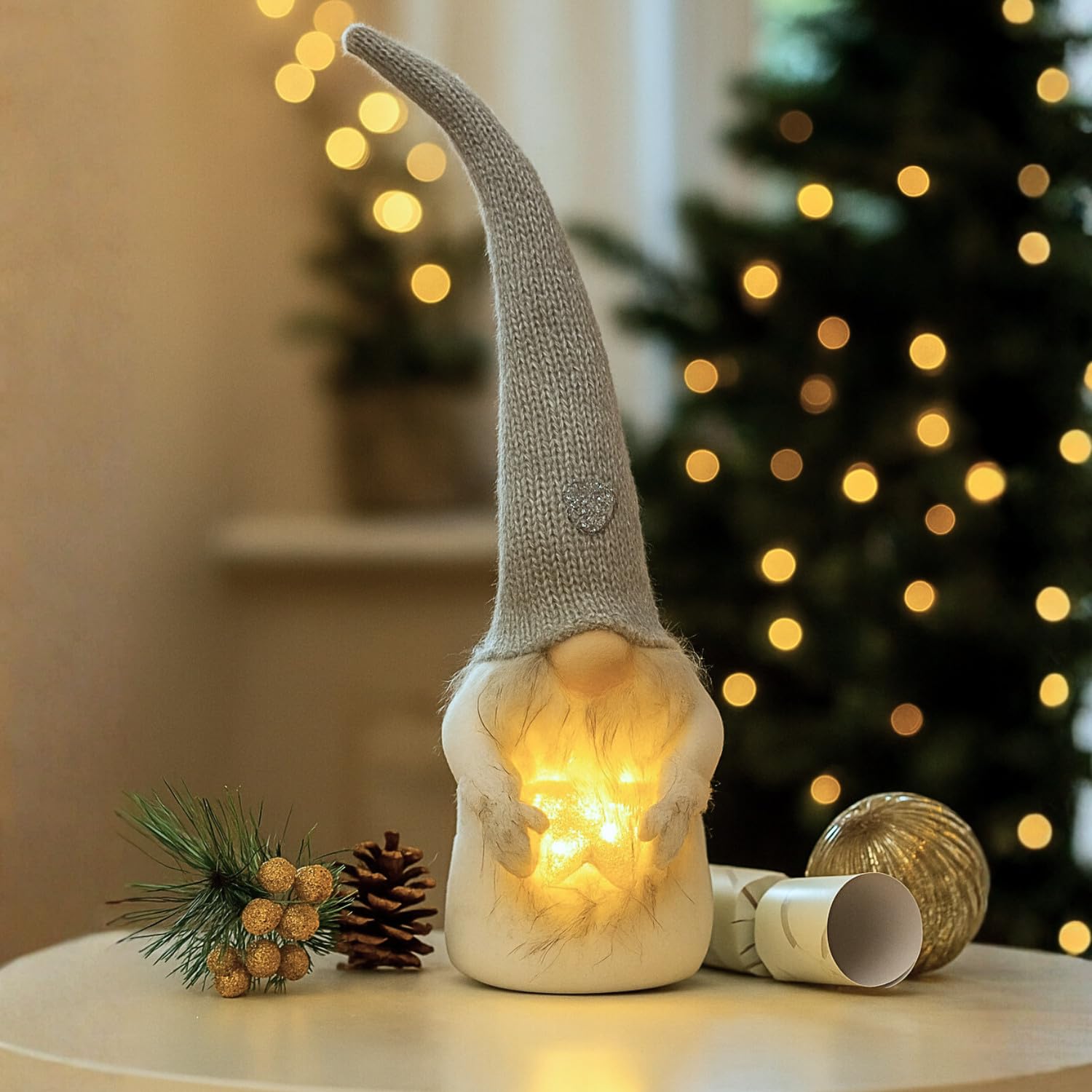 Marco Paul 29cm Grey LED Christmas Gonk – Soft Plush Light Up Nordic Santa Ornament - Battery-Operated Warm White Pre-Lit Gnome for Indoor Xmas Décor, Table, Mantel & Window Display