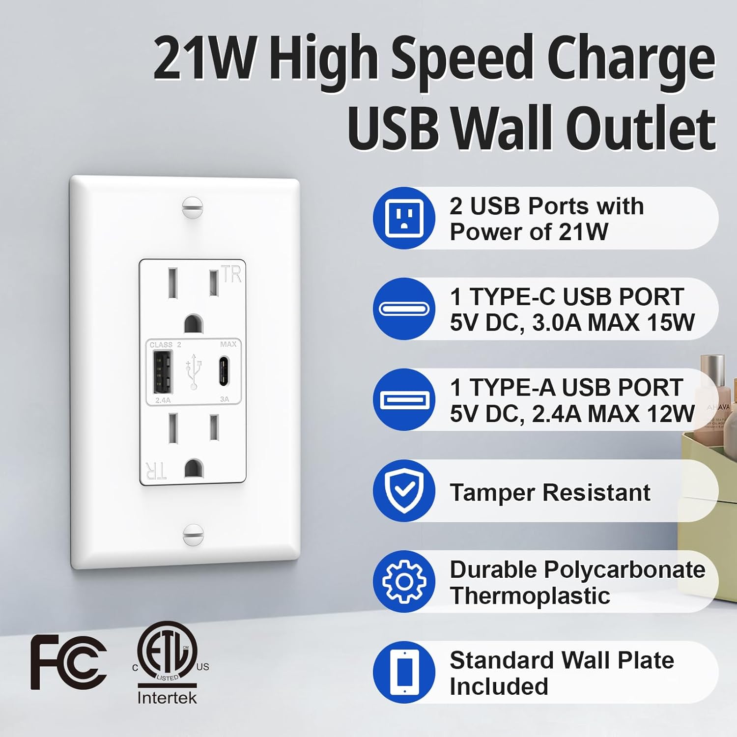 ThunderWay USB Outlet, 15 Amp Wall Outlet with USB Ports, 21W Charging USB C Outlets Receptacles with Type A & Type C Ports, Tamper Resistant, Wall Plate Included, ETL Listed, White, 6 Pack