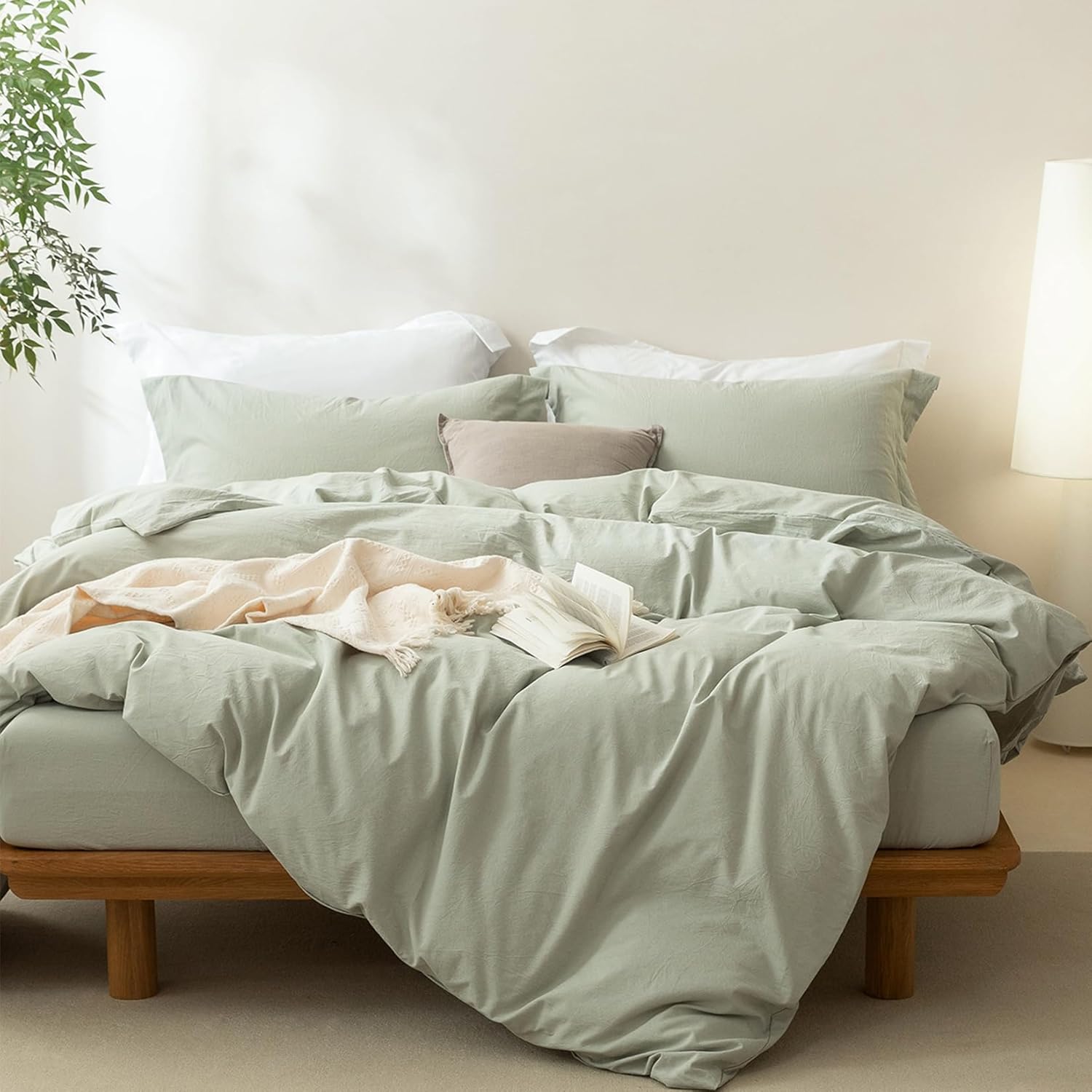 Linen Feel Sage Green Duvet Cover King Size 104'' W x 90'' L, Percale 100% Washed Cotton Duvet Cover with Zipper Closure Plus 2 Pillowcases, Oeko TEX Standard Certificated, Linen Feel and Cozy - Image 2