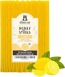 The Honey Jar Lemon Flavored Honey Sticks - Pure Honey Straws For Tea, Coffee, or a Healthy Treat - One Teaspoon of Flavored Honey Per Stick - Made In The USA with Real Honey - (20 Count)