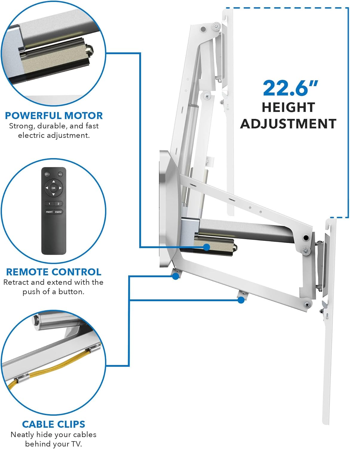 MOUNT-IT! Motorized Fireplace TV Wall Mount | Remote Control Electric Pull Down Mantel Mounting Bracket, Up to 77 Lbs Weight Capacity, Height Adjustable, Swivel, VESA 600x400 Compatible, White