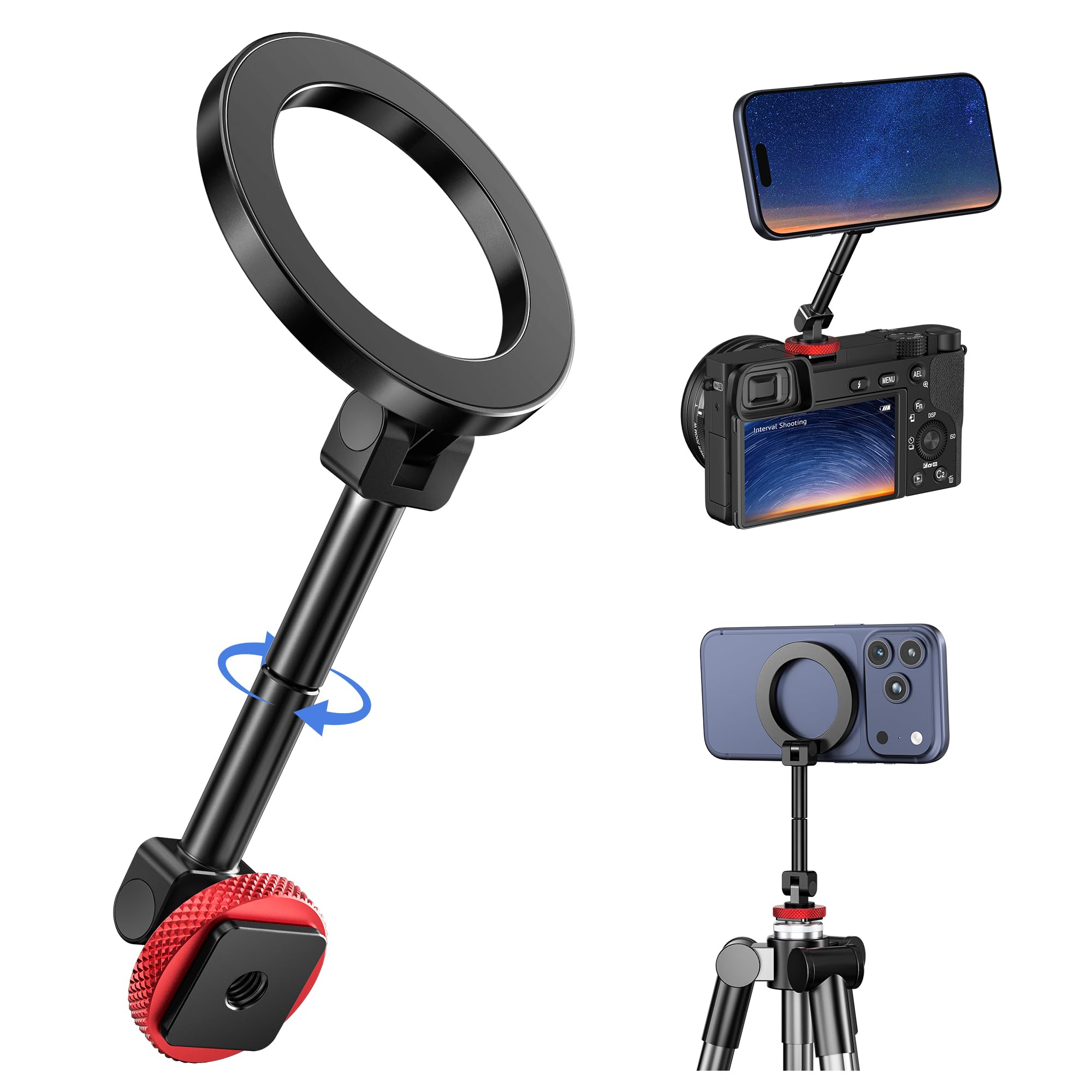 TONEOF 173 cm Selfie Sticks Magnetic Tripod, Strong Aluminium Magnetic Holder, 360° Rotation, Retractable Travel Tripod with Metal Ring & Remote Control, Monopod for Phones