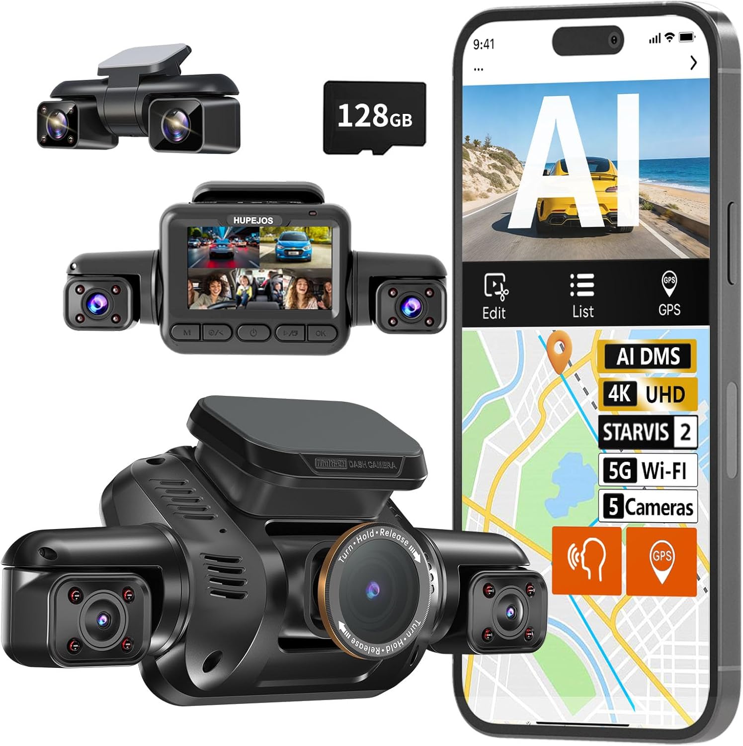 HUPEJOS 5 Channel AI Dash Cam with Driver Monitor System, STARVIS 2, 360° View Car Camera Free 128G SD Card, Built-in 5G WiFi, GPS, Night Vision, 24/7 Parking Mode, V8 Ultra