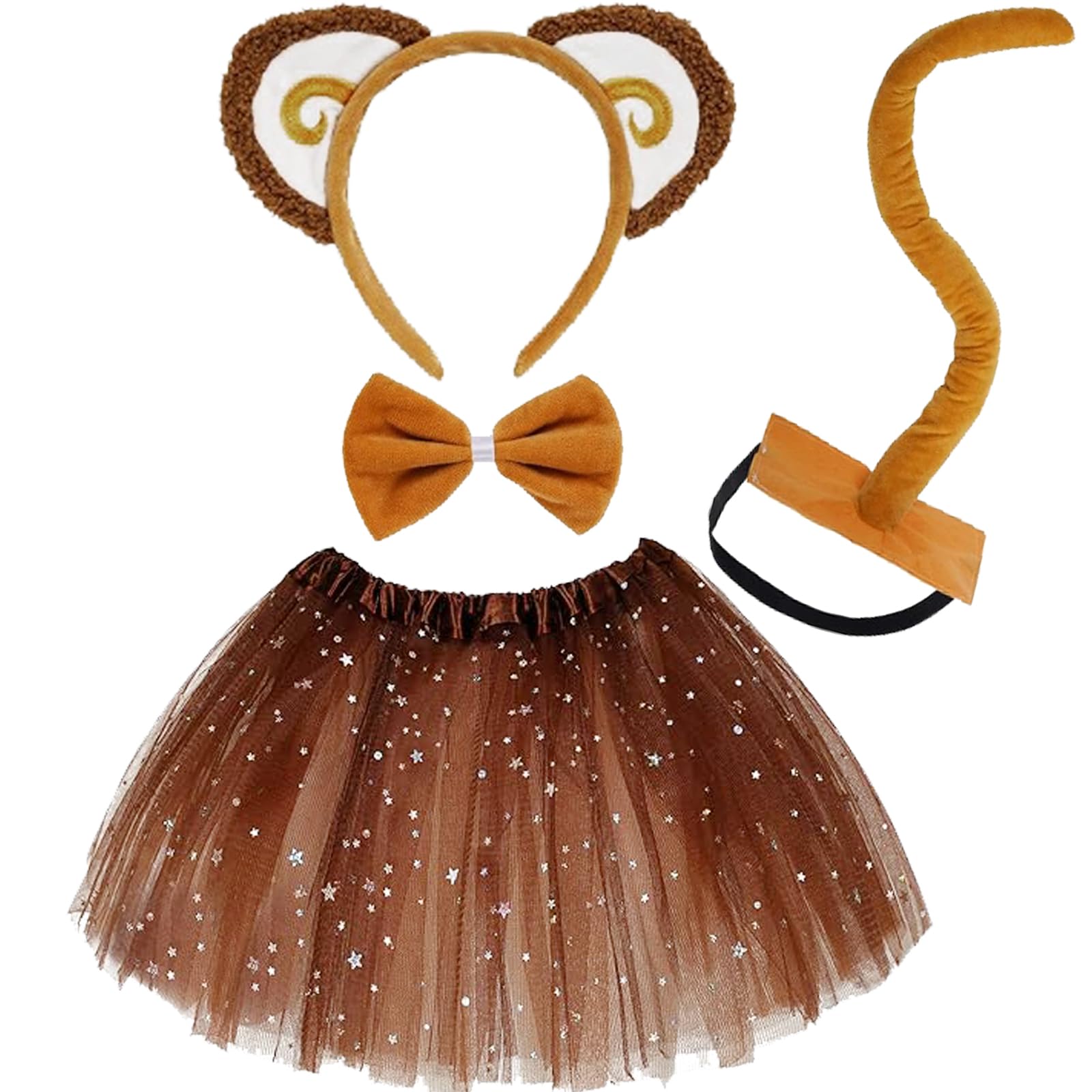 NinkyNonk 5 PCS Monkey Costume Kits Includes Monkey Ears Headband Tail Bowtie Tutu for Monkeys Cosplay 100th Day of School Halloween Party Dress Up