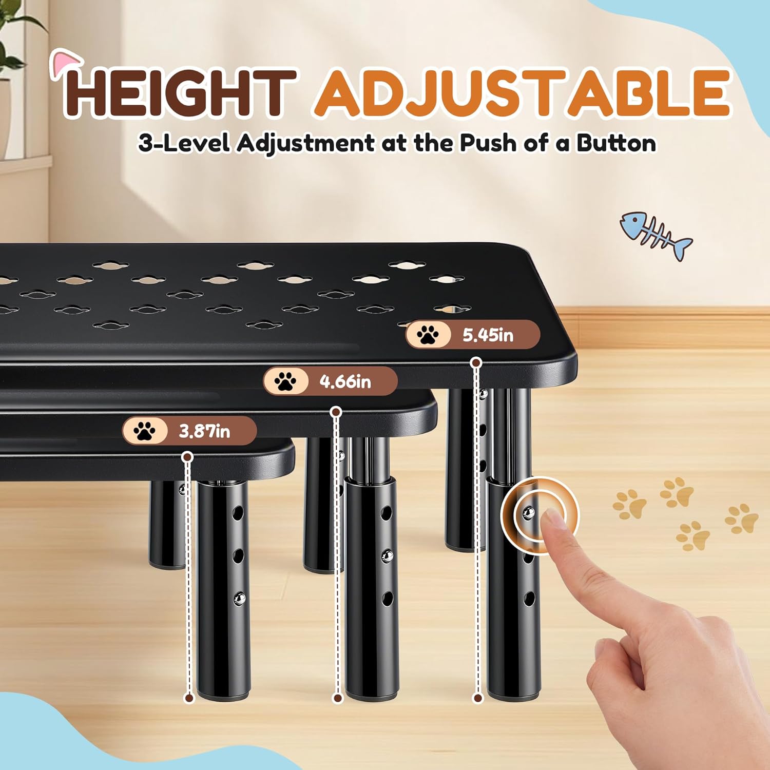 Dreyoo‌ 2-Pack Adjustable Cat Feeder Stand with Anti-Slip Mats, 3-Level Height, Fits Most Automatic Feeders & Bowls, Protects Floors from Spills for Cats and Dogs(Black)