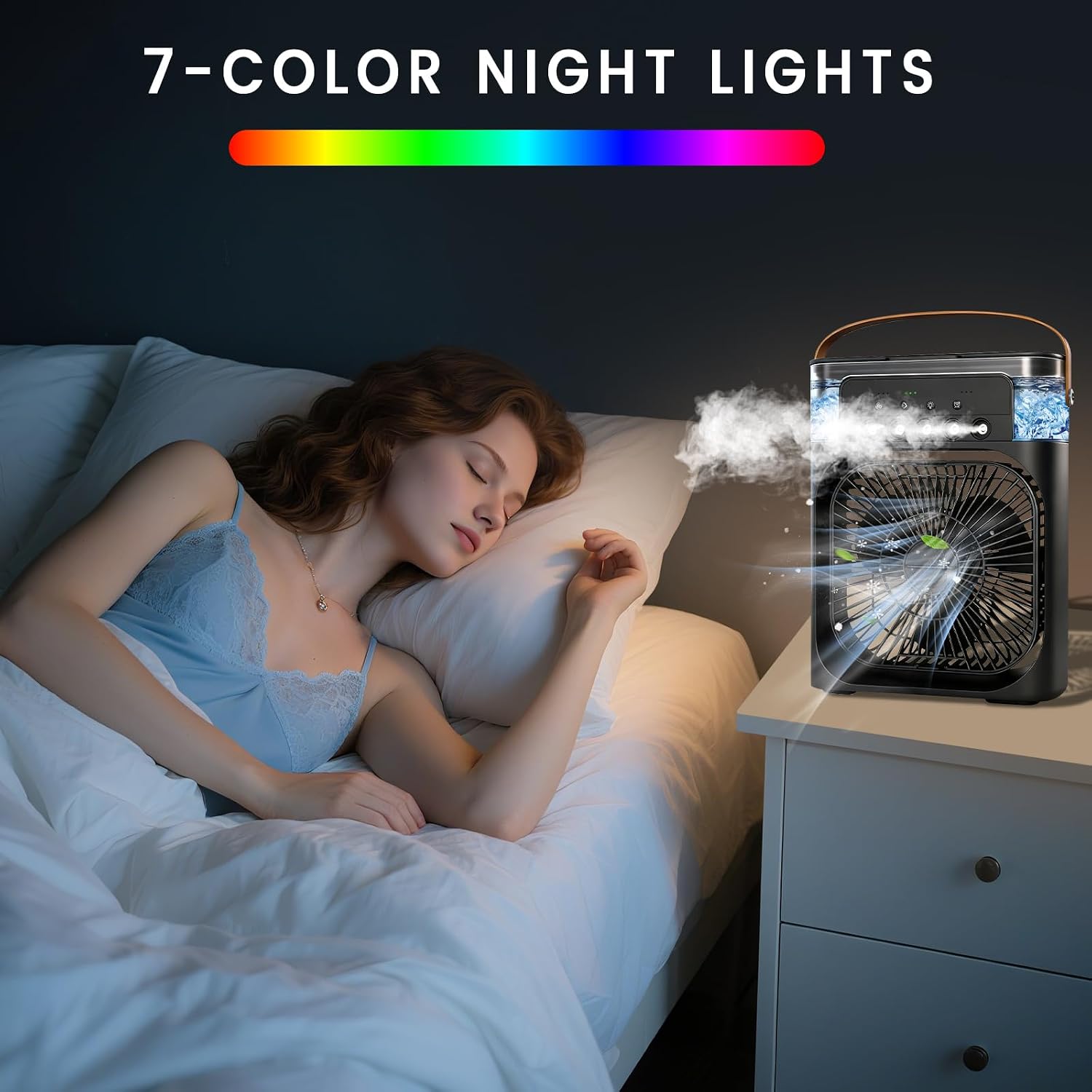 Portable Air Conditioner Fan, Mini Evaporative Air Cooler with 5 Spray Nozzles,3 Wind Speeds, 7 Colors LED Light,600ML,Desk fan,Personal AC Unit Fan for Bedroom Office Camping (Black)