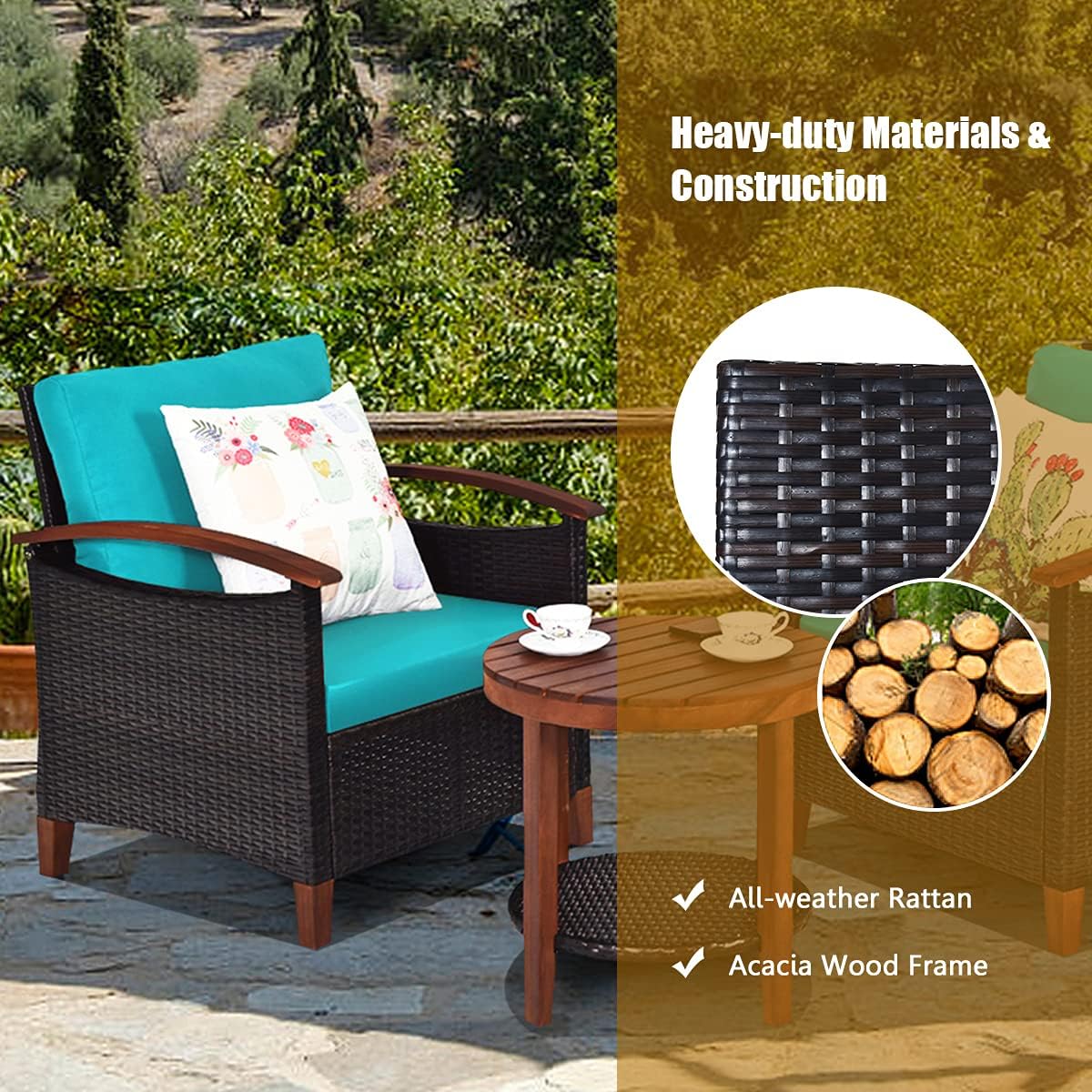 DORTALA Wicker Patio Furniture Set 3 Piece, Outdoor Table and Chairs with Wood Tabletop, Cushions, All- Weather Small Rattan Conversation Set for Balcony, Porch, Backyard, Deck, Turquoise