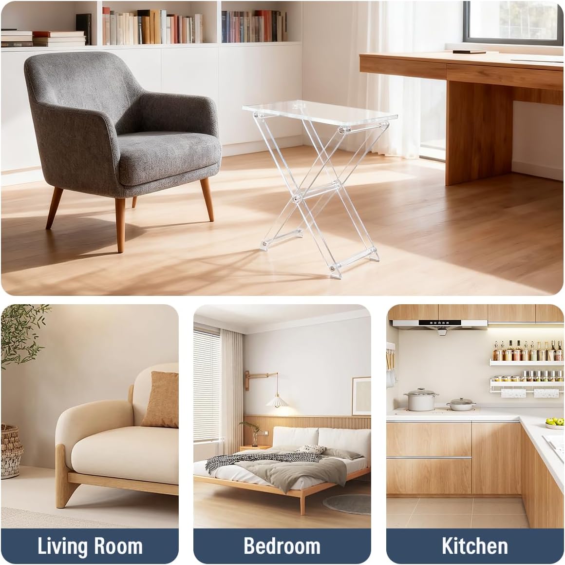 Acrylic Folding Side Table, Clear Foldable TV Tray Table, Small Space-Saving End Table for Living Room, Bedroom, Kitchen, 18.6 x 12 x 20.4 in, Easy Assembly