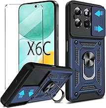 2-in-1 Case for HONOR X6C Tempered Glass with Slide Camera Protection Cover Screen Protector Phone Case Heavy Duty Military Grade Protective Cover phone holder,Blue