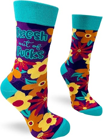 Fabdaz Womens Novelty Floral Crew Socks with Funny Saying - Fresh Out of F-cks - 1 Pair - 1 Size Fits Most