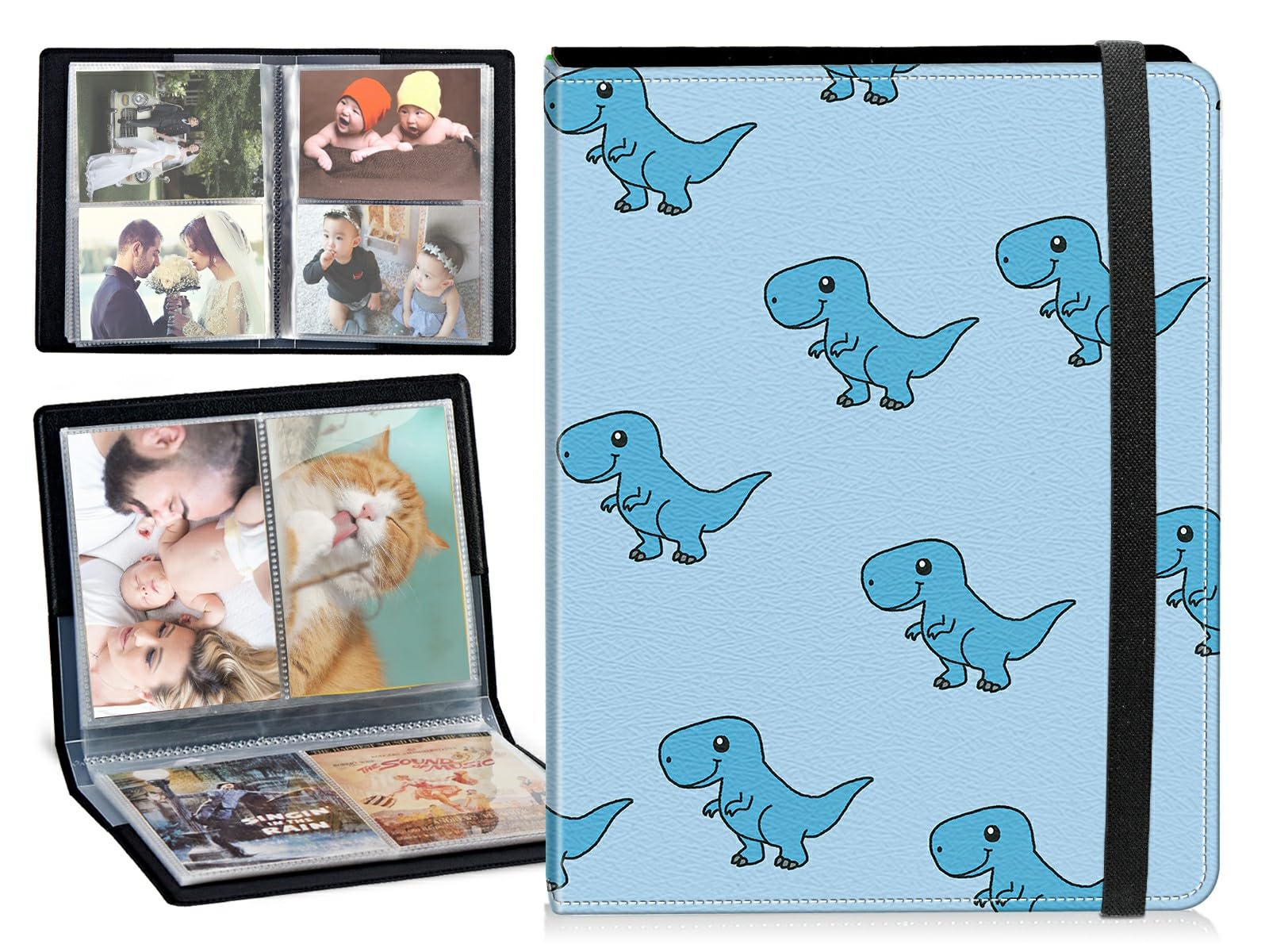 Small Photo Album 3x5 Shows 80 Photos, Cute Dinosaur Mini Picture Binder Albums Photo Books with 20 Sleeves, PU Leather Photo Protector w/Elastic Band for Family Wedding Baby Pets