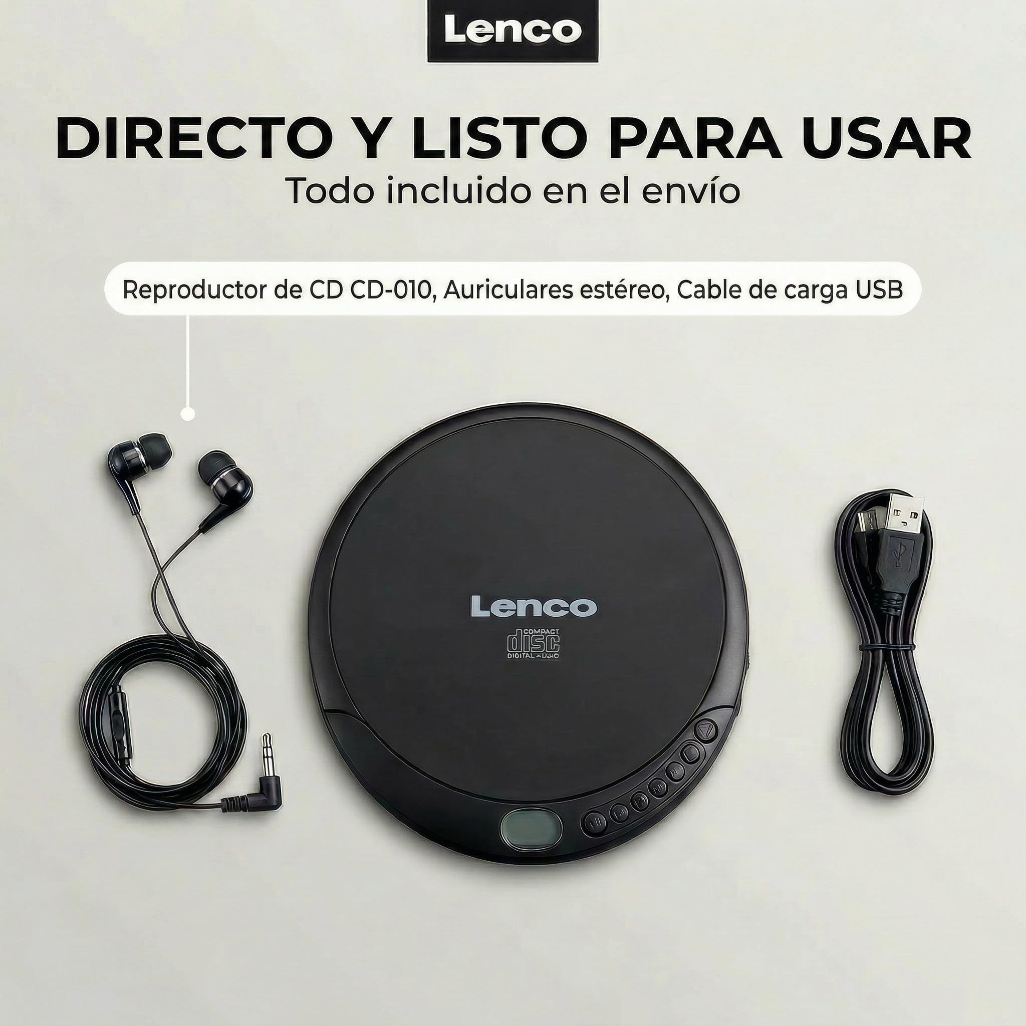 Lenco CD-010 - Reproductor de CD portátil Walkman - Diskman - CD Walkman - Con auriculares y cable de carga micro USB - Negro [Clase A de eficiencia energética]