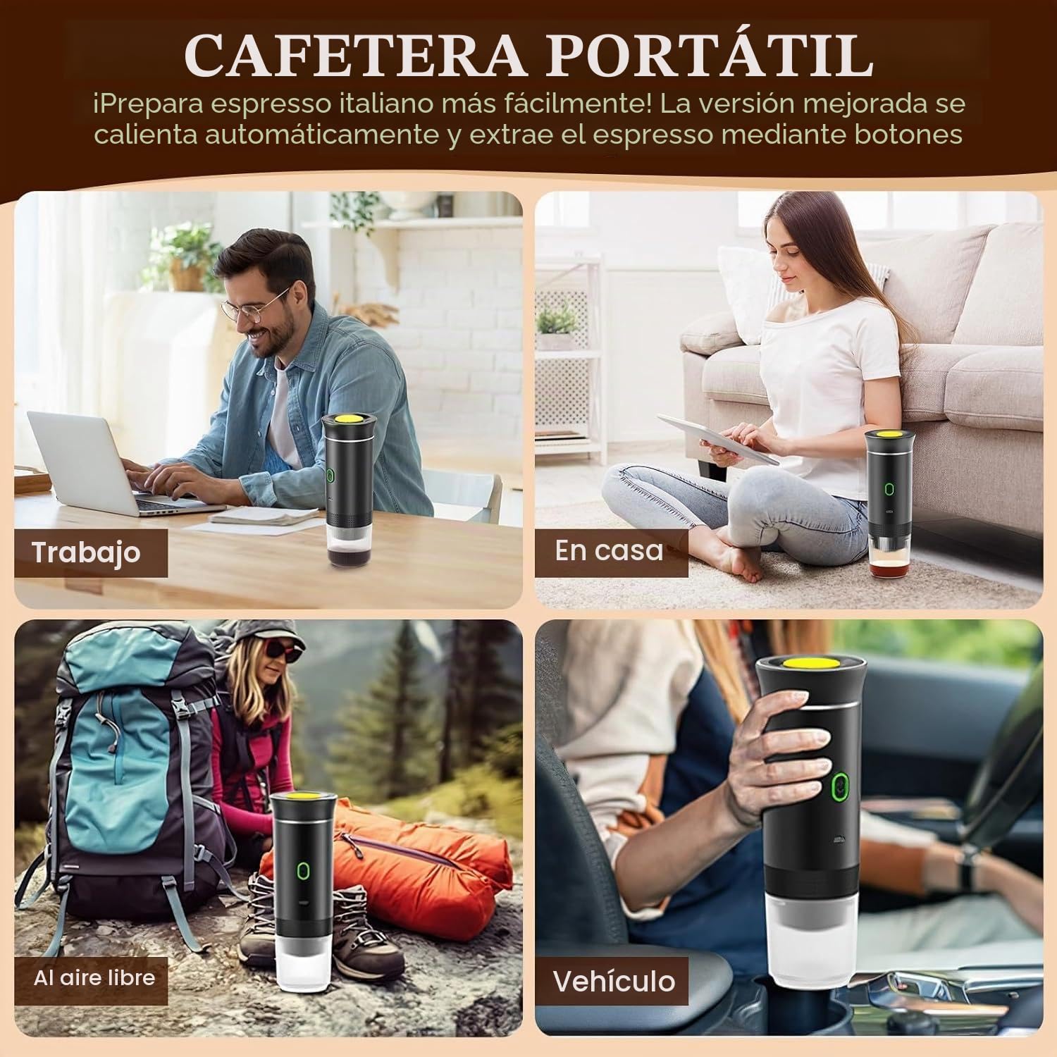 Máquina de café expreso portátil, autocalentamiento de 4 a 6 minutos, cafetera portátil 3 en 1, carga de tiempo lento, 50 cápsulas, para una pequeña